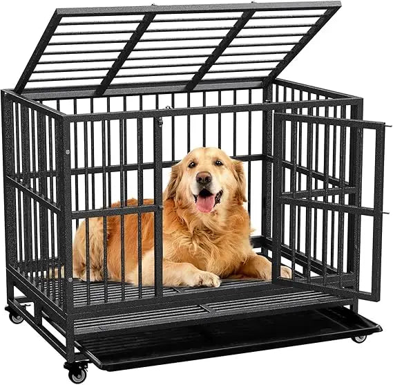 dog crate with removable tray, 37/42/46 inch indestructible and escape proof steel dog cage kennel for high anxiety dogs, heavy