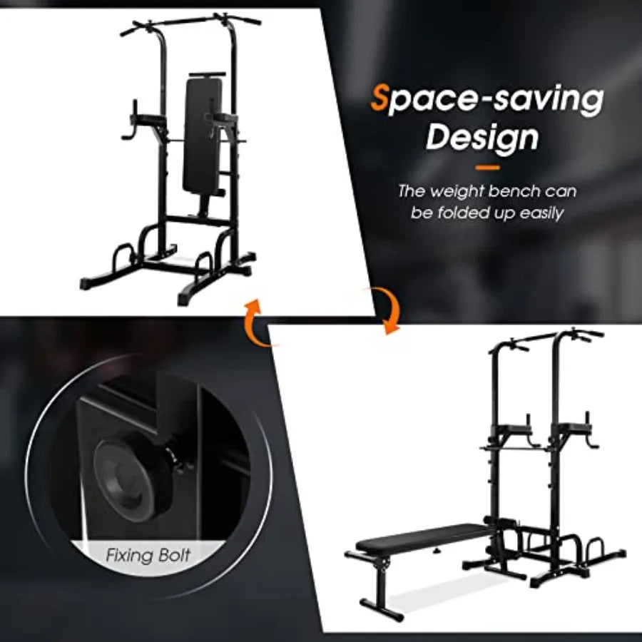 Power Tower with Bench, Multifunctional Home Gym Pull Up Bar Stand Dip Station w/ 7 Adjustable Heights & Foldable Weight Bench,