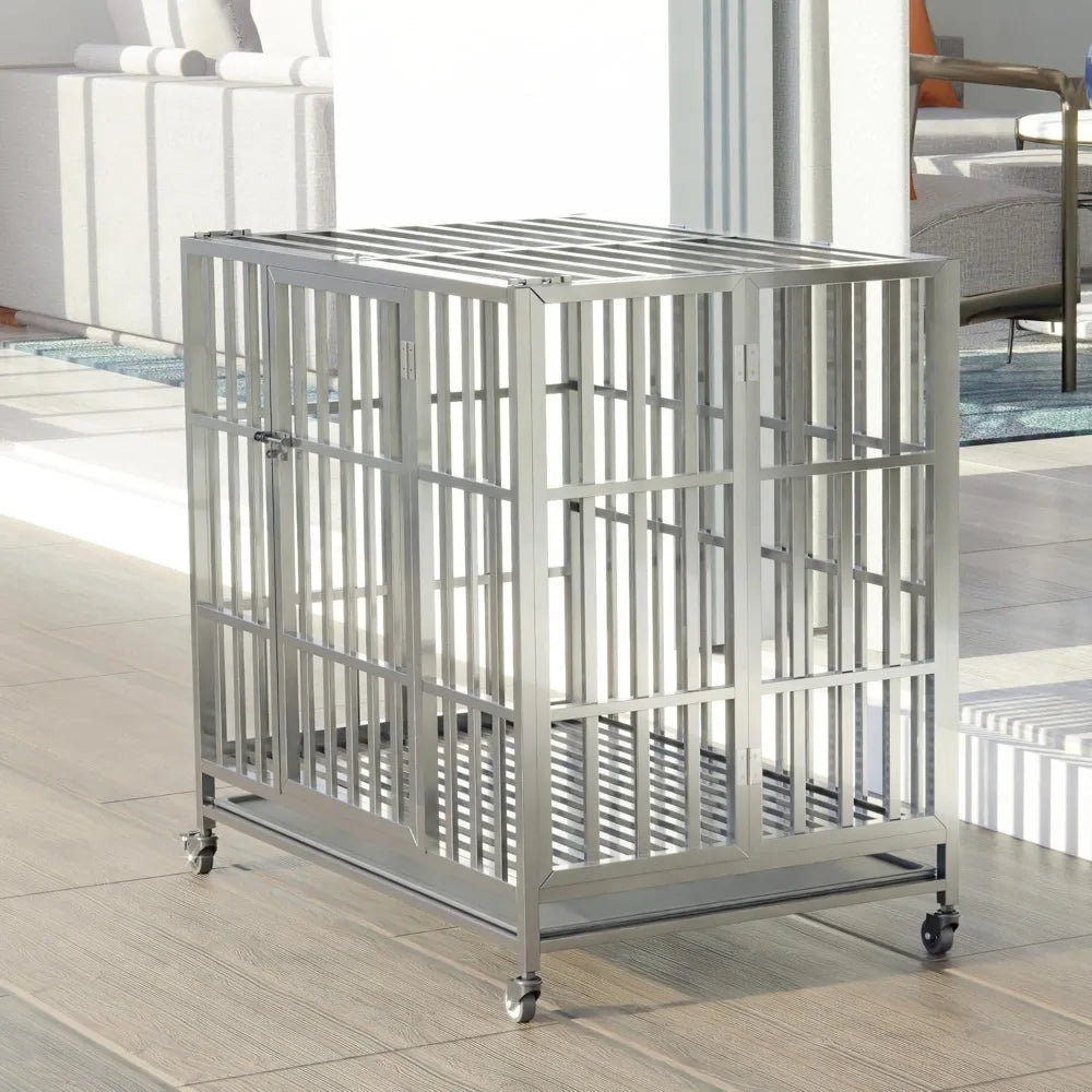37" 42" 48" heavy duty dog cage stainless steel metal kennel and crate, collapsible for medium to large dogs, easy to assemble p