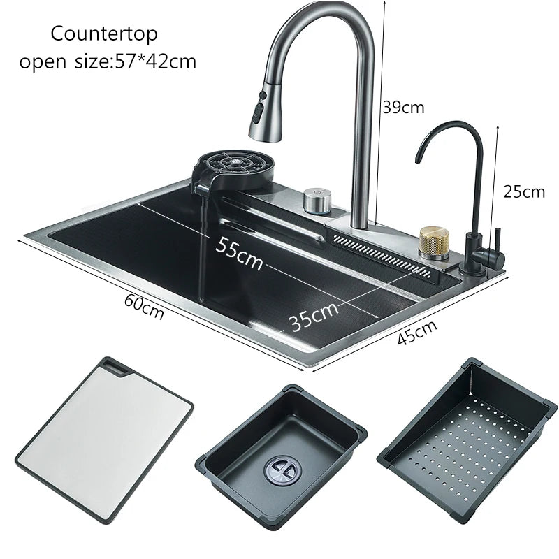304 Stainless Steel Waterfall Kitchen Sink Large Single Slot Integrated 60X45cm Faucet Set Cup Washer 3Way Pull Out Sprayer Head
