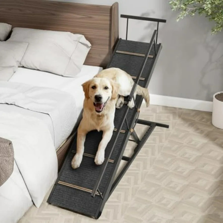 Pet Ramp Folding Portable Wooden Dog Cat Ramps for Couch or Bed Including Non Slip Mat Safety Side Rails 64.2 Inch Long and Hei