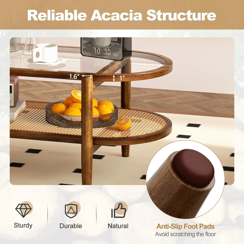 Oval Acacia Wood Coffee Table, 2-Tier with Glass Top & PE Rattan Shelf, Boho Modern Center Table, Brown