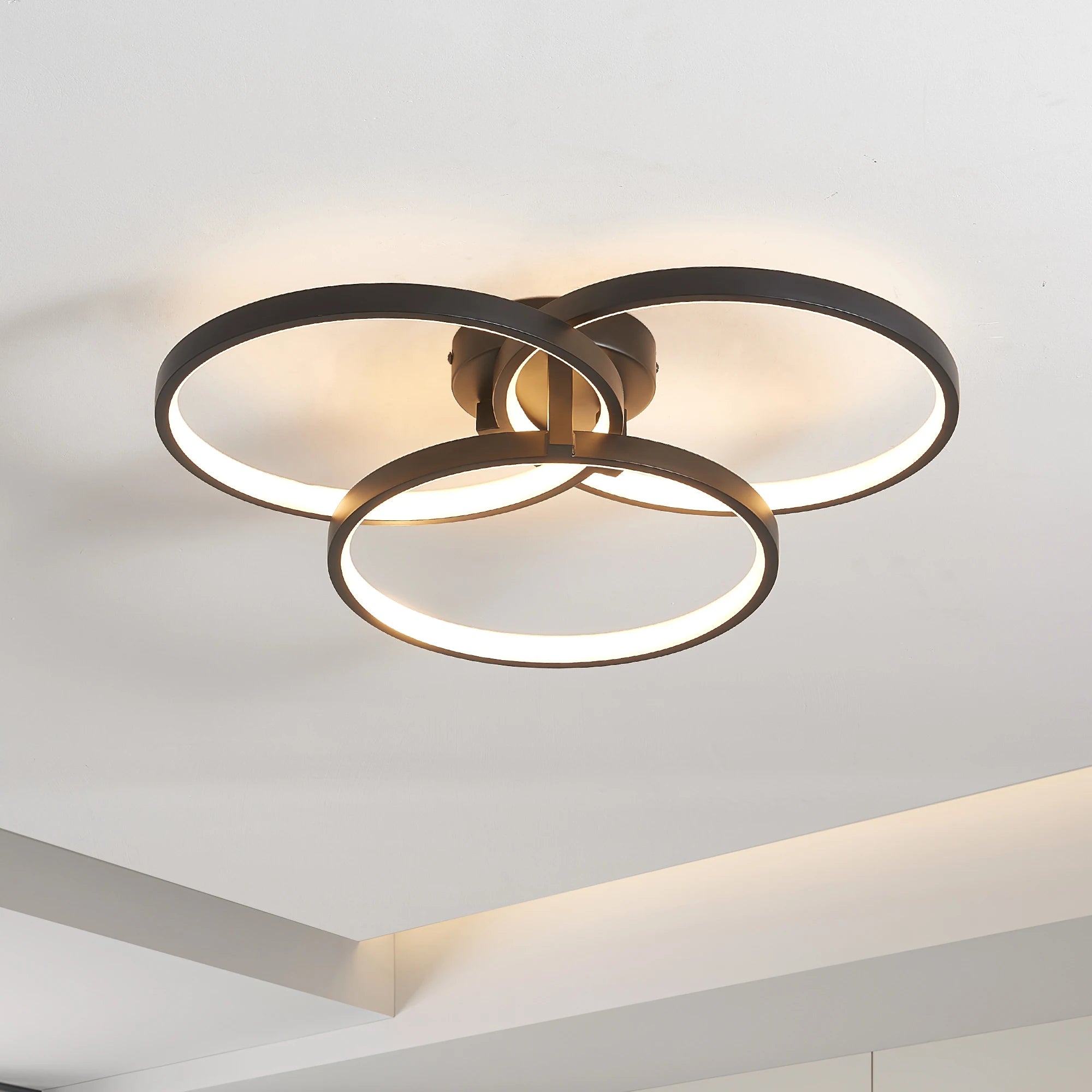 Modern Black LED Ceiling Light, 3-Ring Flush Mount Fixture for Living Room, Bedroom, or Dining Room, Sleek and Energy-Efficient