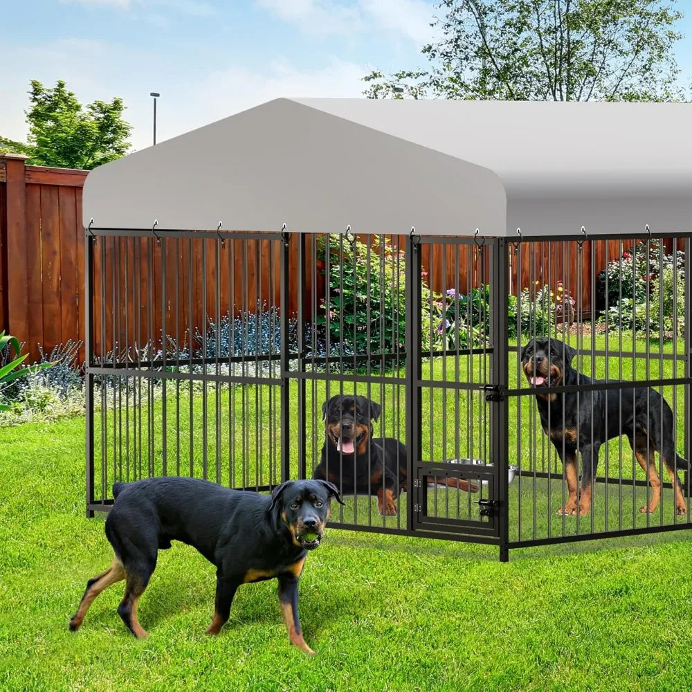 Large Outdoor Dog Kennel - 10x10x6 Feet, Heavy Duty, Lockable, Waterproof Roof, Stainless Steel Swivel Feeder