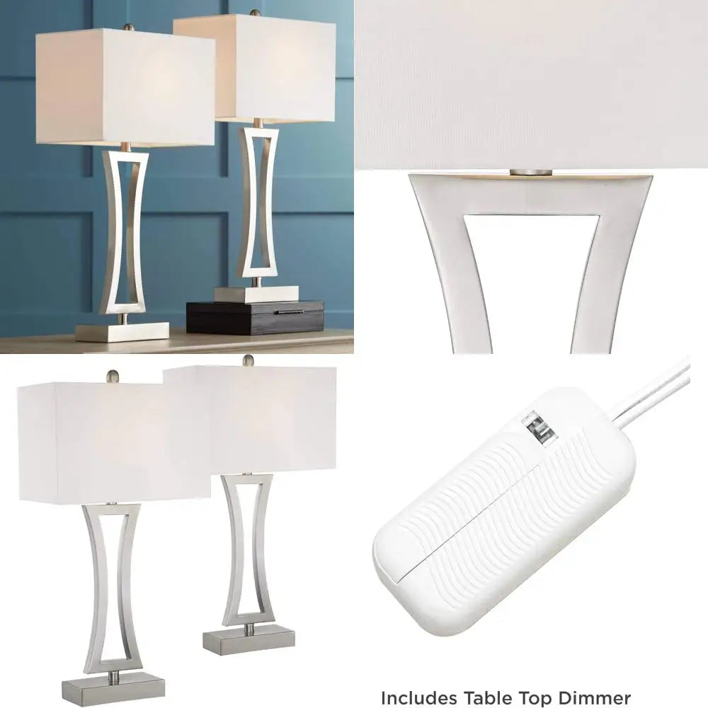 Modern 3-Way Table Lamps Set of 2, 31 Inches Tall with Dimmer, Brushed Nickel, Off-White Fabric Shade, Rectangular Design for Co