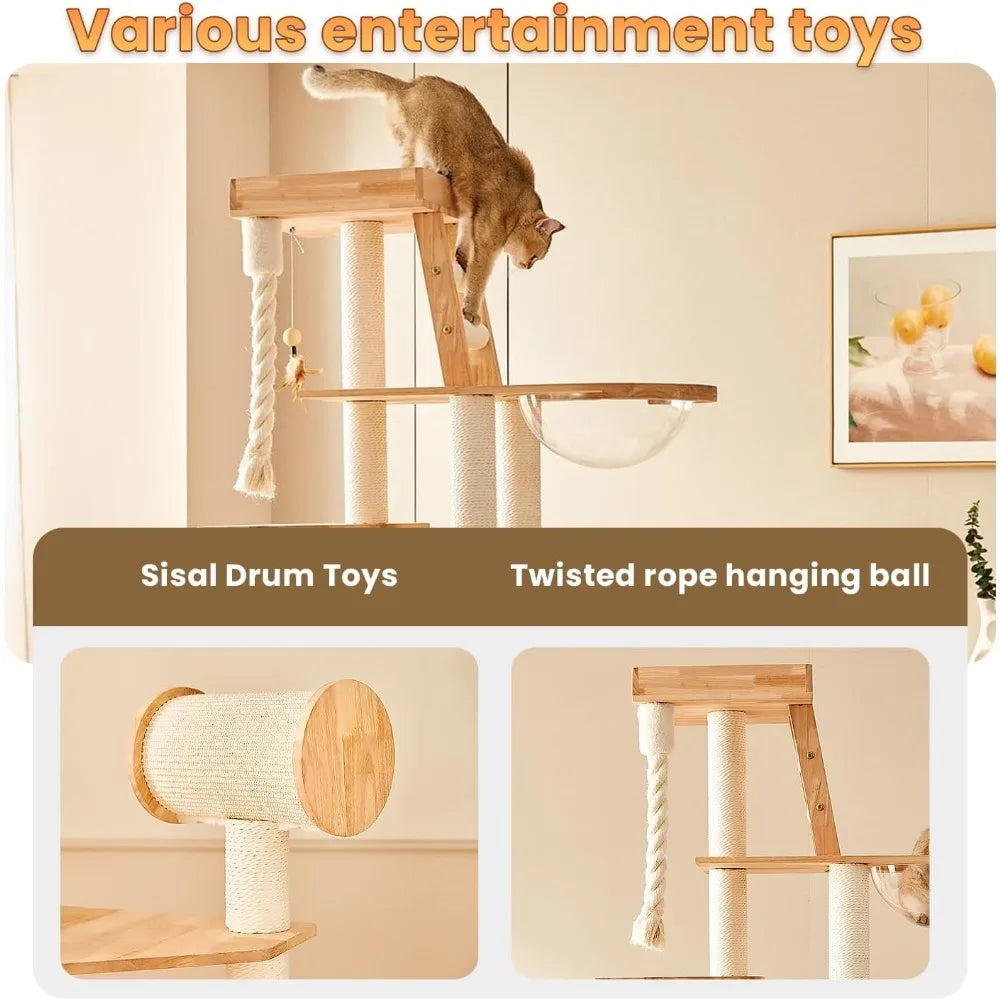 sturdy 74.8" tall maine coon cat tower with transparent bowl, ladder, and luxury condo