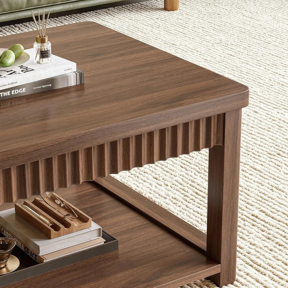 Coffee Table, 39 Inch Modern Coffee Tables for Living Room with 2-Tier Storage & Wave-Edge, Walnut Center Table for Bedroom/Offi