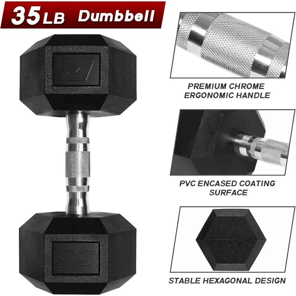RitFit 5-650 LBS PVC-Coated Hex Dumbbell Sets with Optional Storage Rack for Home Gym, Chrome-Handled Hand Weights for Strength