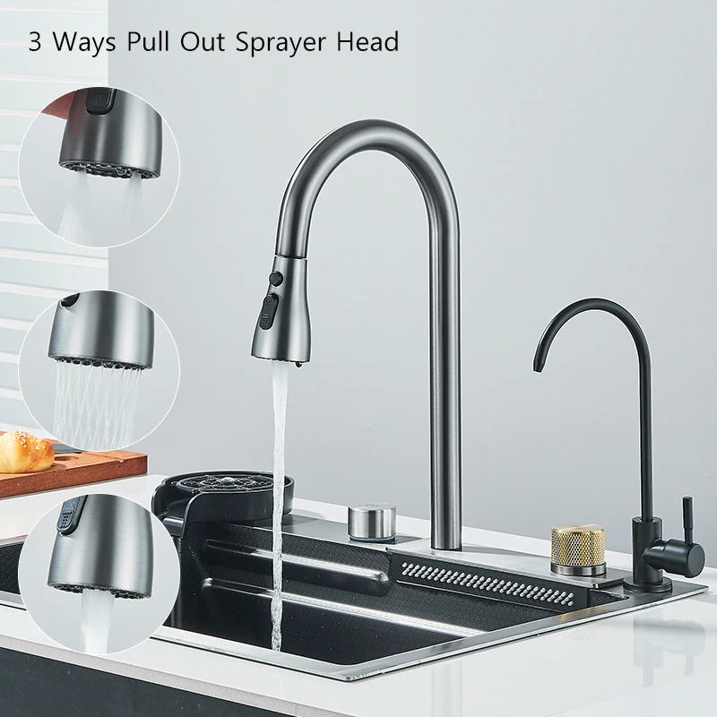 304 Stainless Steel Waterfall Kitchen Sink Large Single Slot Integrated 60X45cm Faucet Set Cup Washer 3Way Pull Out Sprayer Head