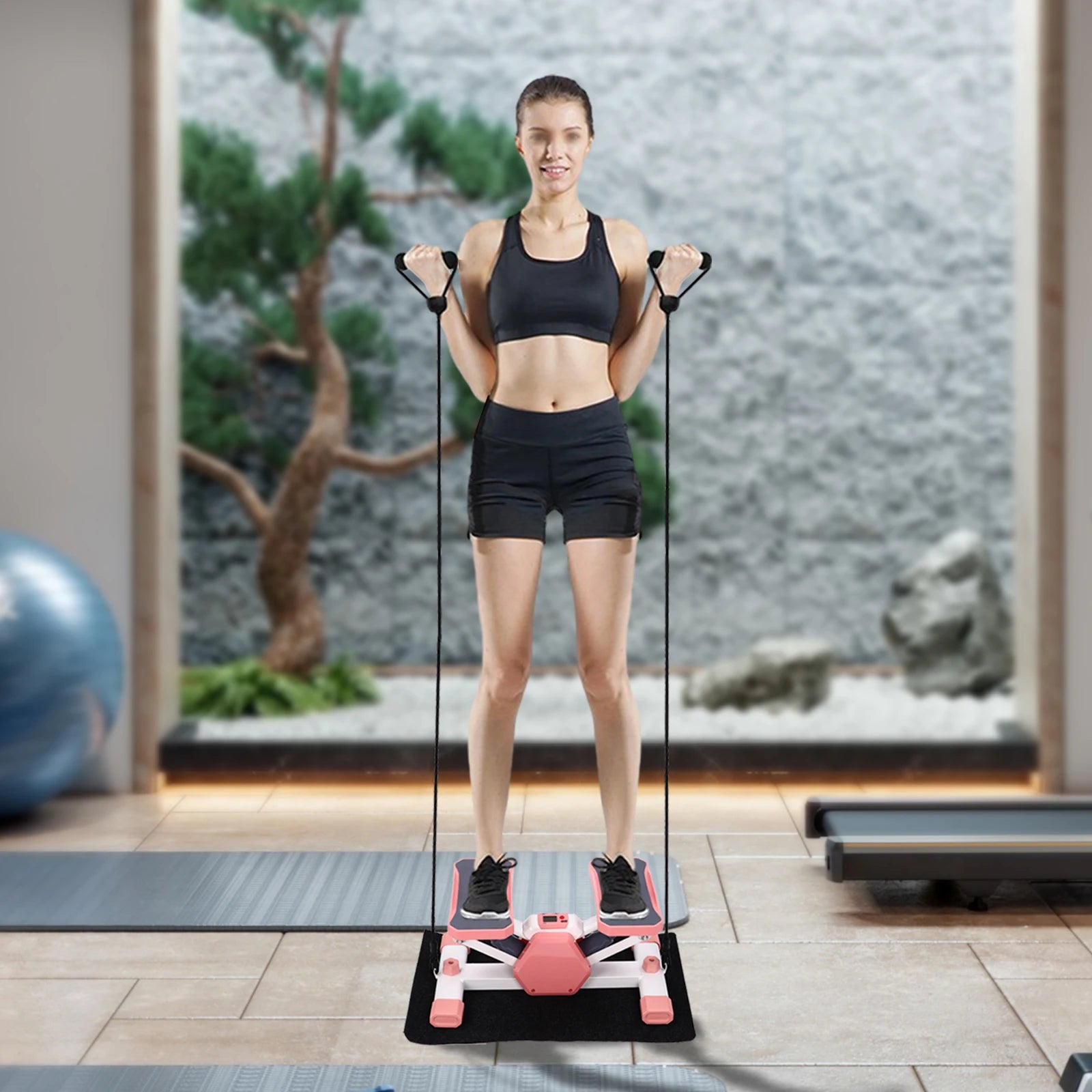 Mini Stepper Machine with Resistance Bands, LCD Display Home Fitness Equipment for Leg & Arm Workout, 330LBS Capacity Pink