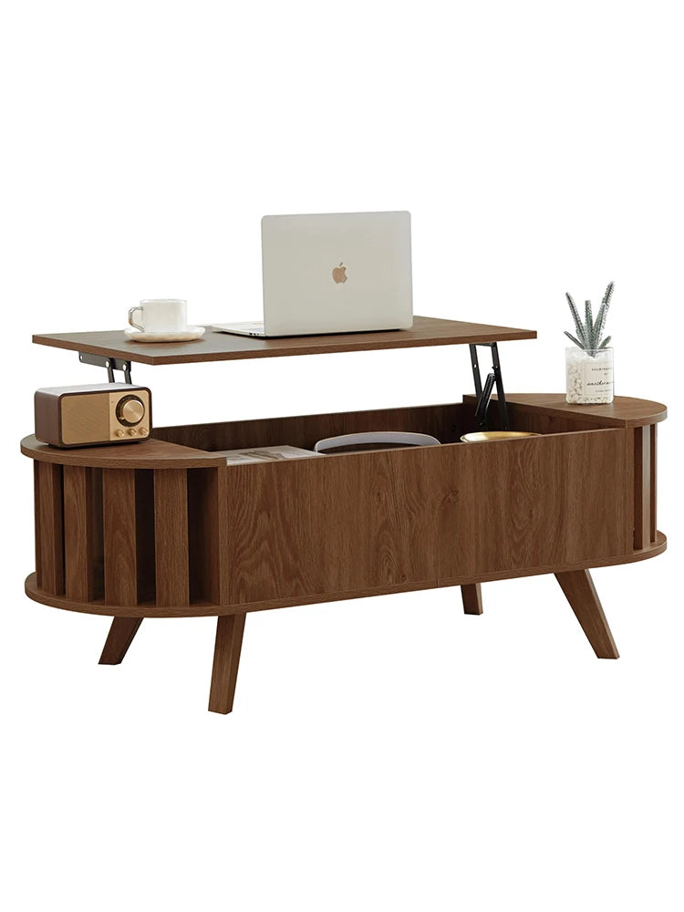 Wooden lift-top coffee table with hidden storage, 47.24-inch oval lift-top surface, low-profile living room coffee table, curved