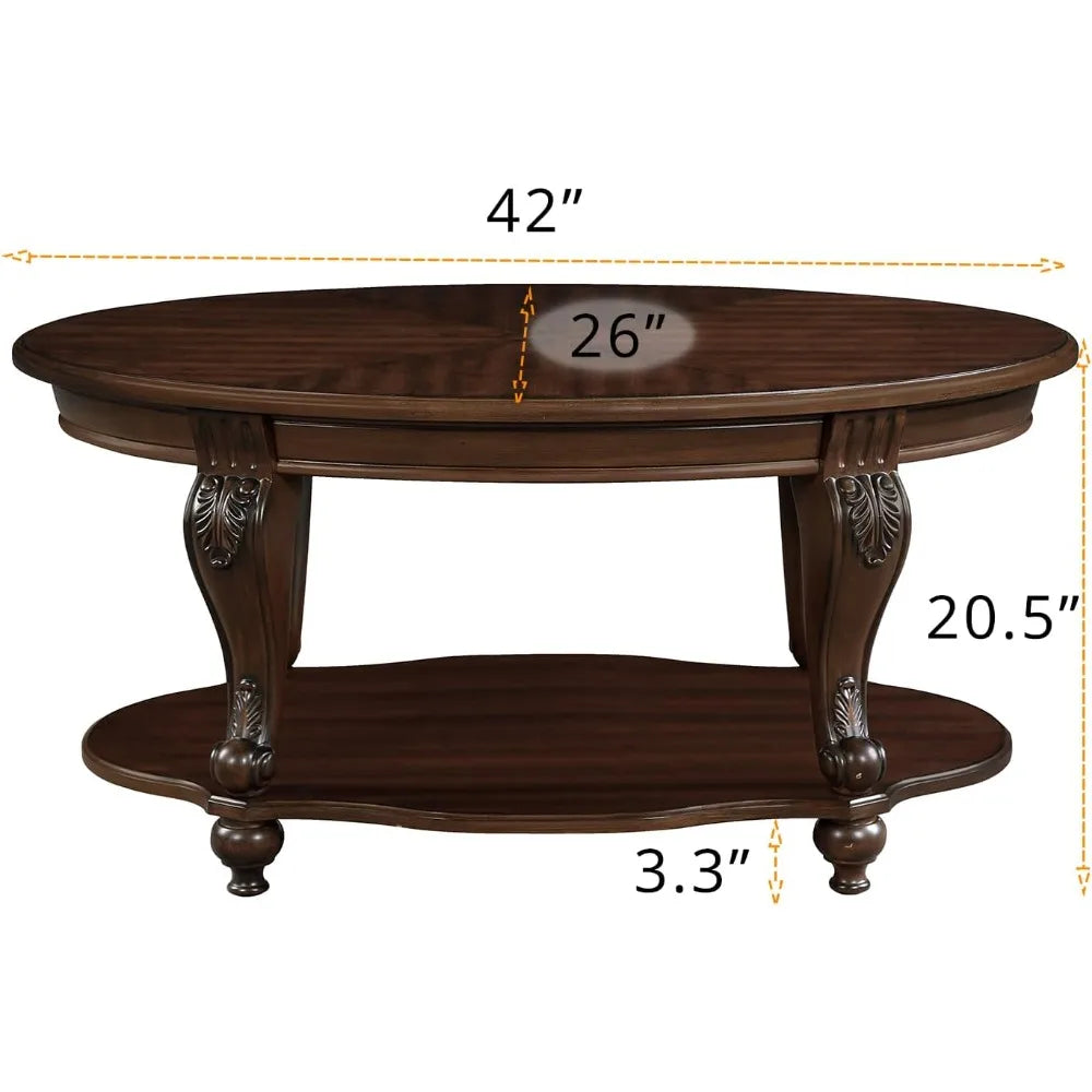 Retro Oval Wood Coffee Table with Open Storage Shelf French Country Style Coffee Table 42 Inch Center Table for Living Room