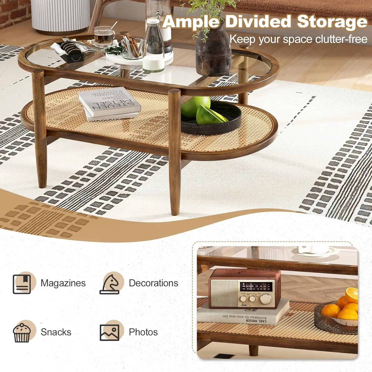Oval Acacia Wood Coffee Table, 2-Tier with Glass Top & PE Rattan Shelf, Boho Modern Center Table, Brown