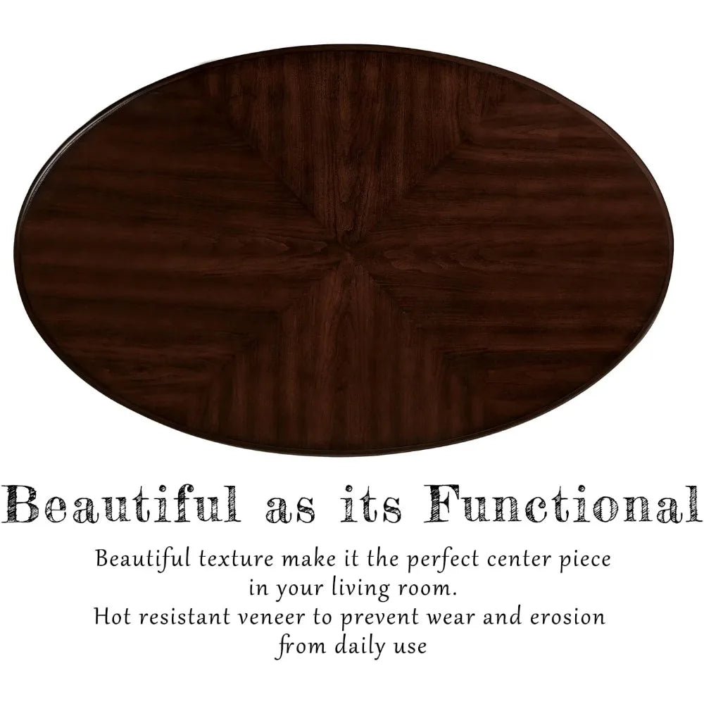 Retro Oval Wood Coffee Table with Open Storage Shelf French Country Style Coffee Table 42 Inch Center Table for Living Room