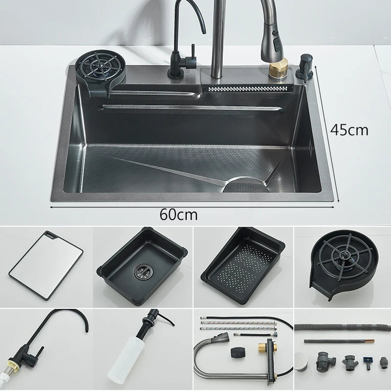 304 Stainless Steel Waterfall Kitchen Sink Large Single Slot Integrated 60X45cm Faucet Set Cup Washer 3Way Pull Out Sprayer Head