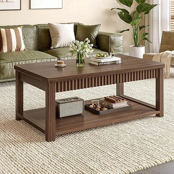 Coffee Table, 39 Inch Modern Coffee Tables for Living Room with 2-Tier Storage & Wave-Edge, Walnut Center Table for Bedroom/Offi