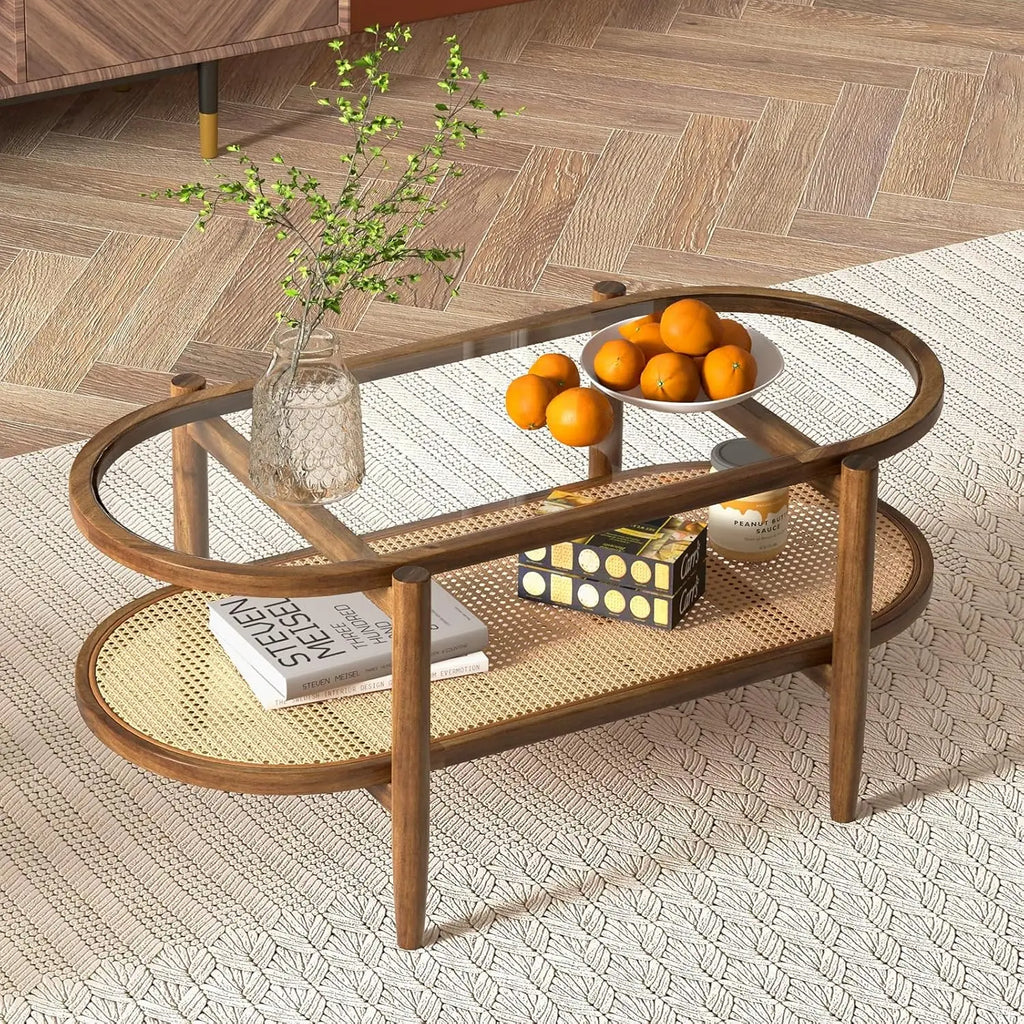Oval Acacia Wood Coffee Table, 2-Tier with Glass Top & PE Rattan Shelf, Boho Modern Center Table, Brown