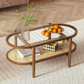 Oval Acacia Wood Coffee Table, 2-Tier with Glass Top & PE Rattan Shelf, Boho Modern Center Table, Brown